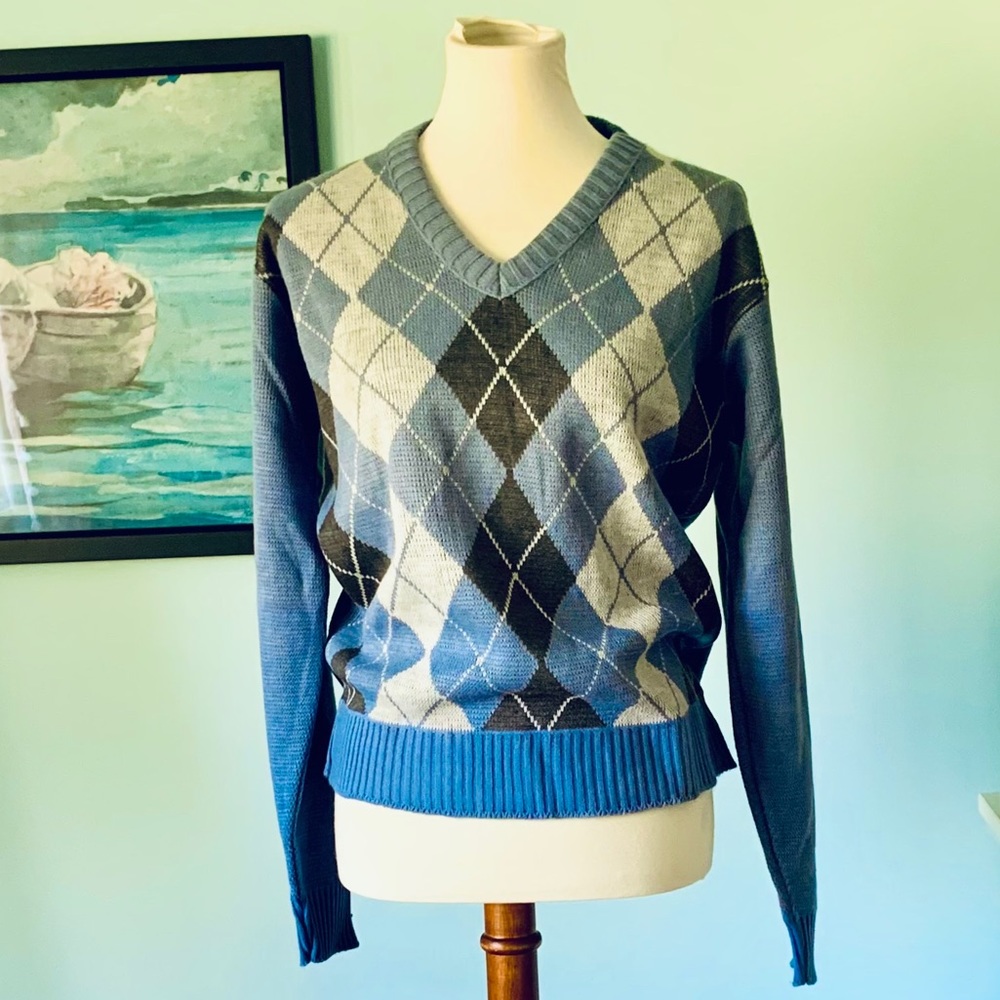 NWT Vintage Le Tigre Blue Argyle V Neck Sweater S - Picture 1 of 7